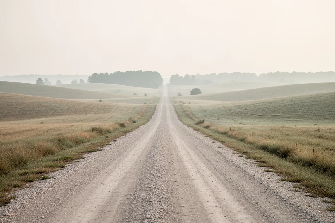 Longue route de ferme en gravier traversant des collines douces dans une lumière matinale