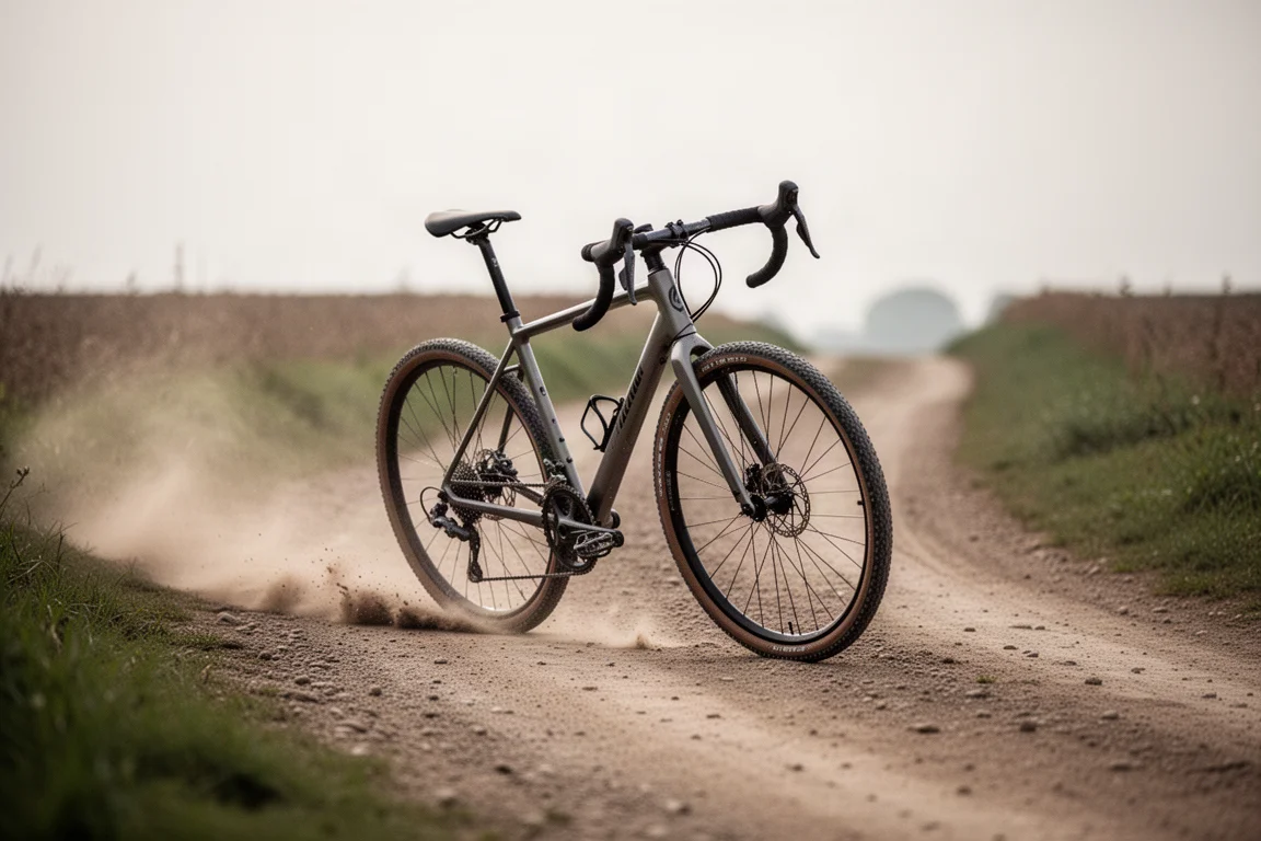 Vélo gravel incliné dans un large virage à quatre-vingt-dix degrés sur une route en terre