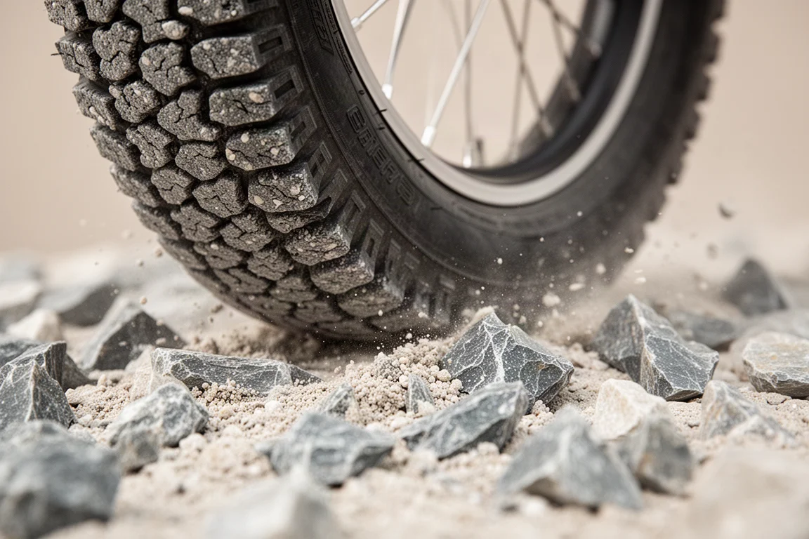 Gros plan d'un pneu gravel cranté roulant sur des pierres à silex acérées
