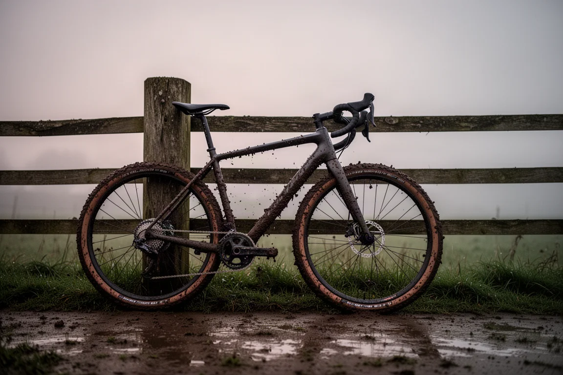 Vélo gravel couvert de boue appuyé contre un poteau de clôture en bois au crépuscule