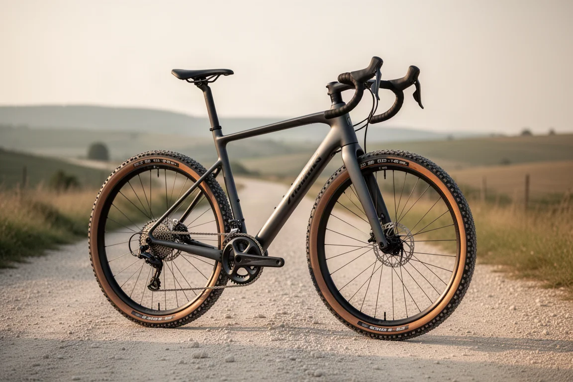 Carbon gravel bike with drop handlebars standing on a gravel road in soft morning light