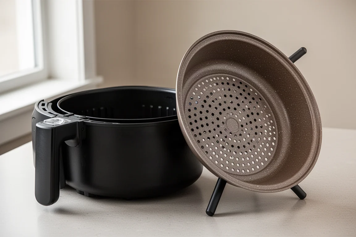 Cesta de freidora de aire con placa crujiente extraíble sobre una encimera de cocina