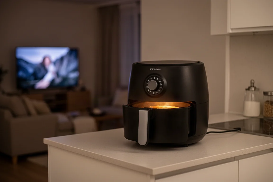 Encimera de cocina compacta con una freidora de aire y un mando de TV abierto al lado