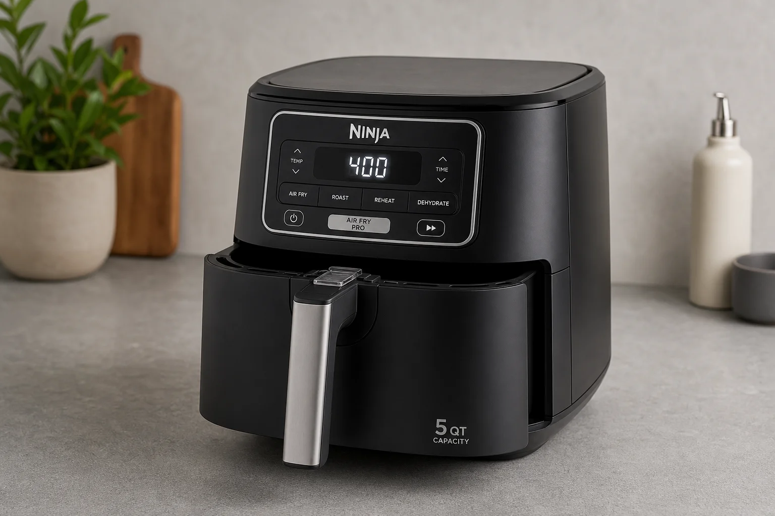 Seven air fryers of varying sizes and designs arranged on a neutral surface