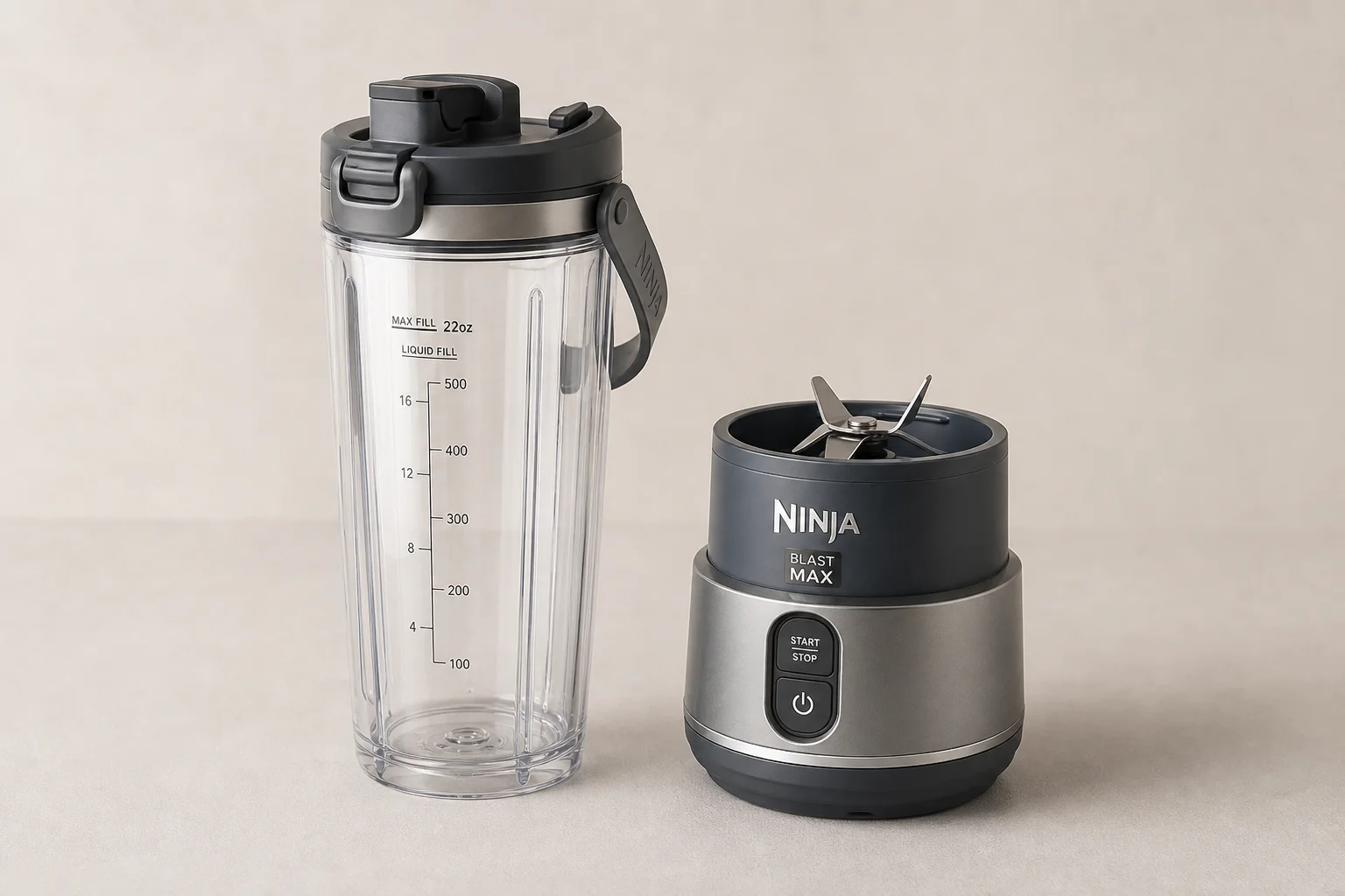 Five cordless blenders arranged on grey concrete surface