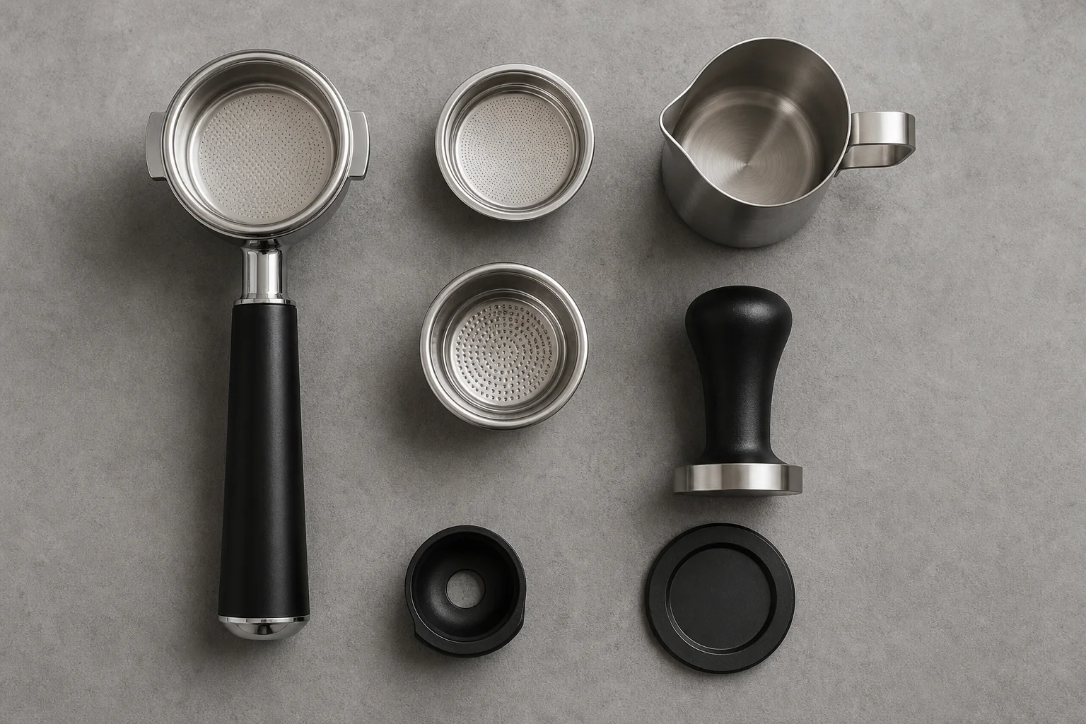 Coffee machine components arranged on a work surface