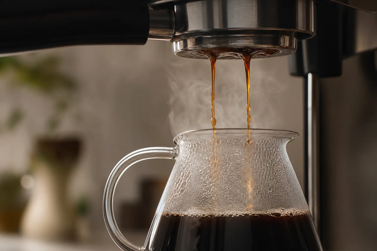Caffè caldo che scende nella caraffa in vetro con vapore visibile
