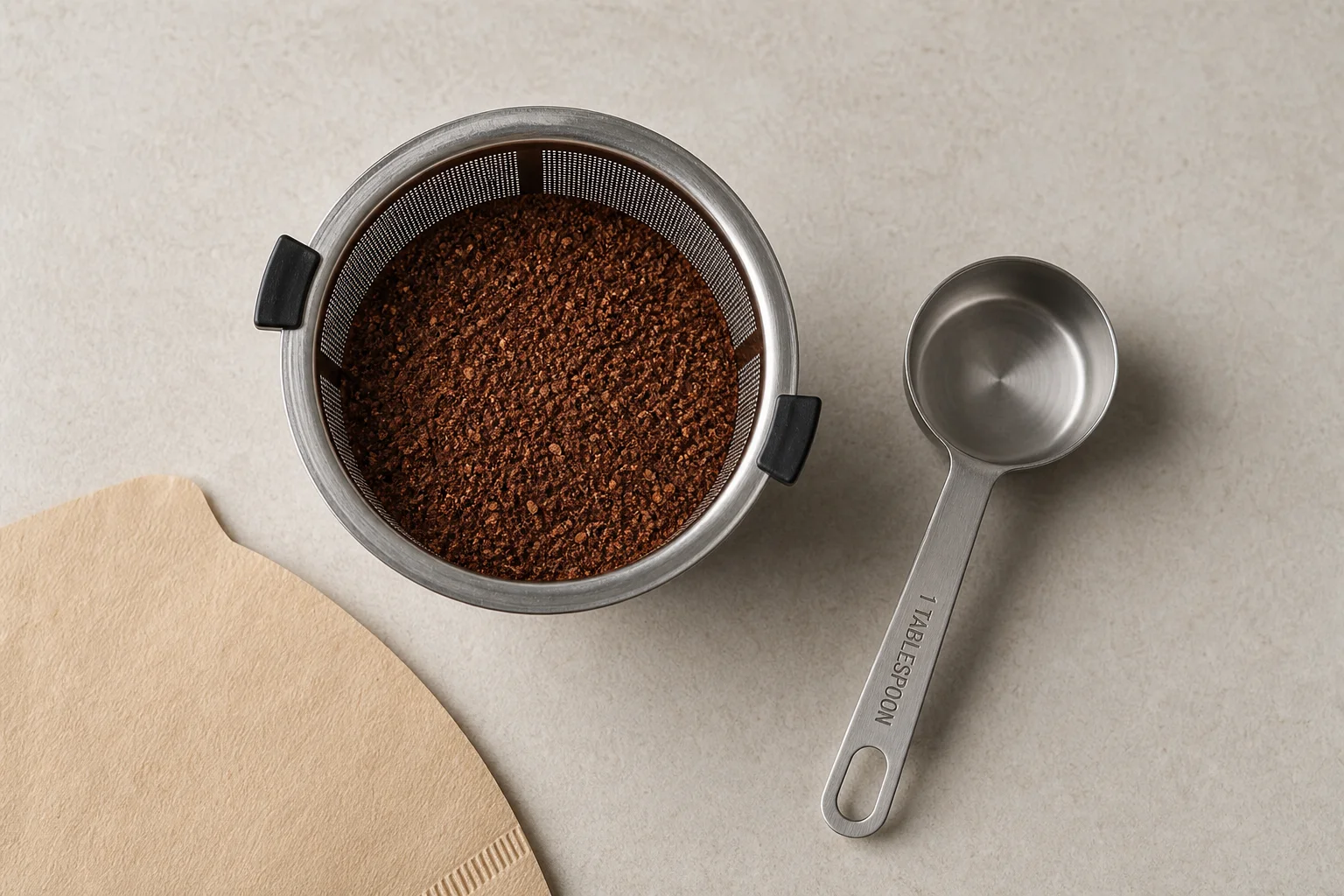 Fondi di caffè nel cestello del filtro in metallo con misurino e filtro di carta