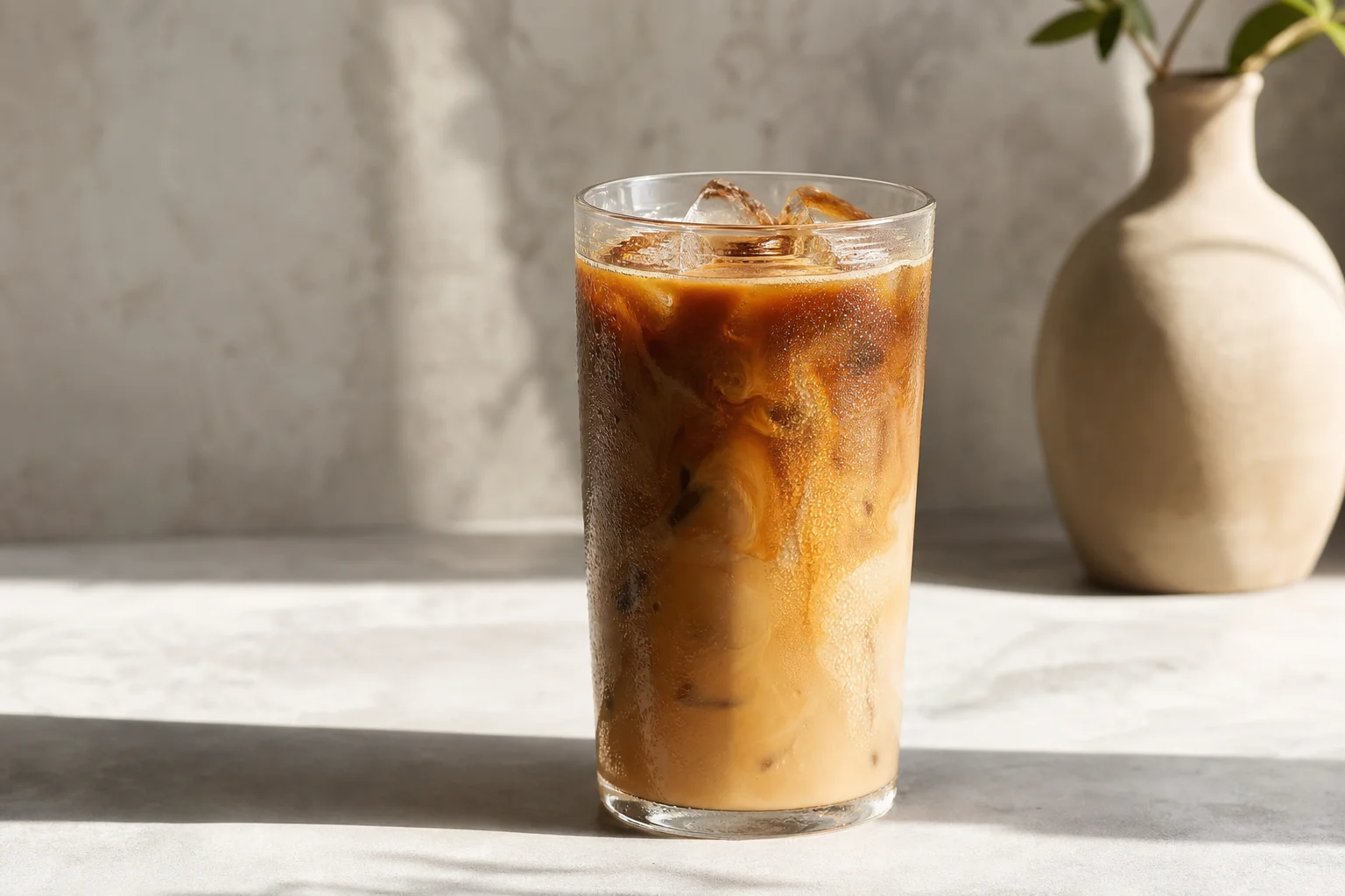 Bicchiere alto di caffè freddo con cubetti di ghiaccio e condensa
