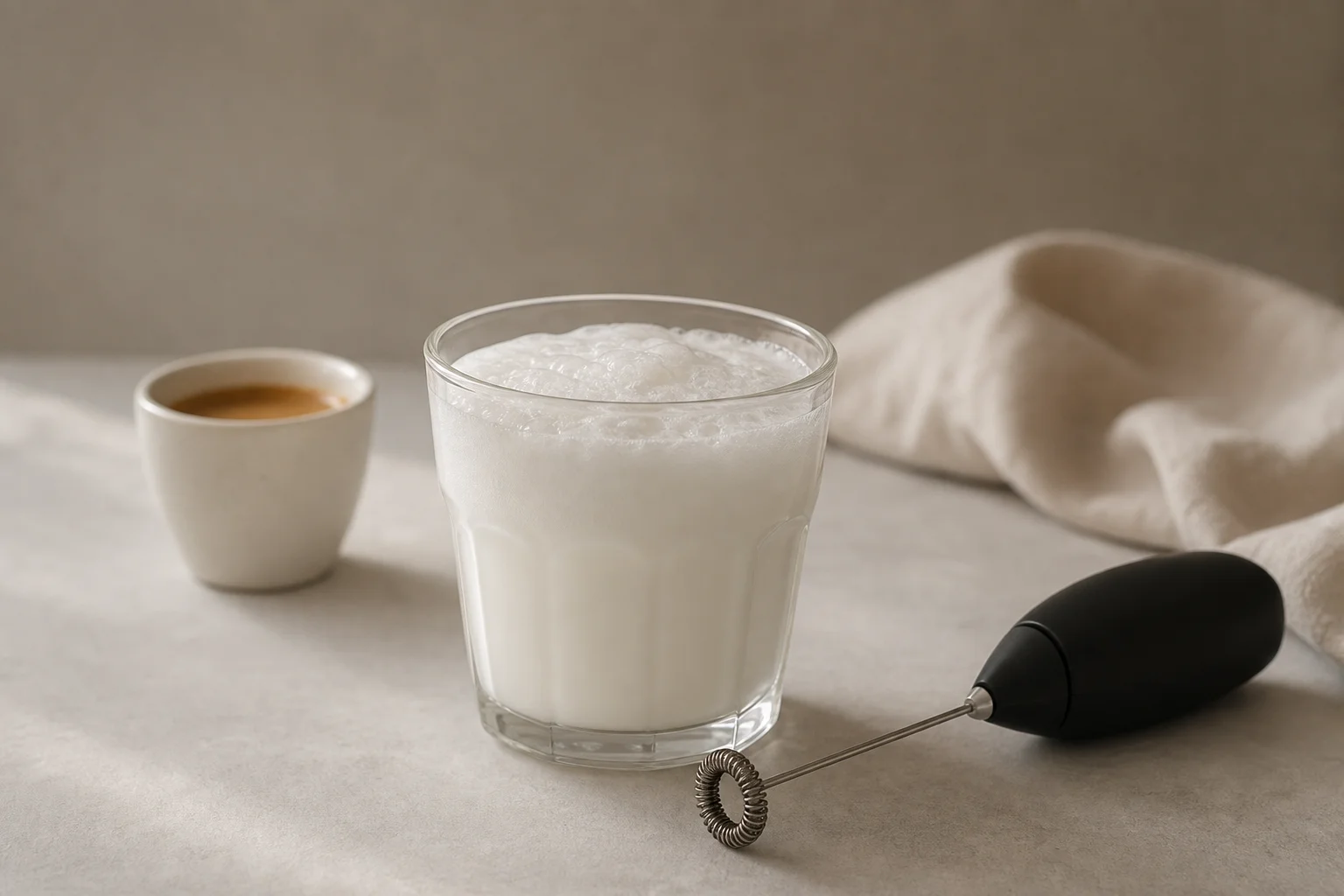 Latte montato in un bicchiere con montalatte e tazzina da espresso