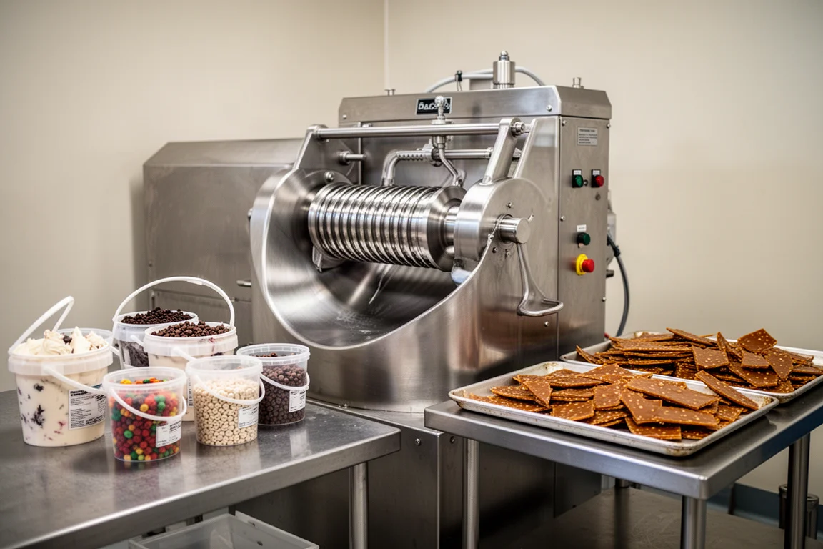 Una gran bateadora comercial procesando helado dentro de una cocina de producción