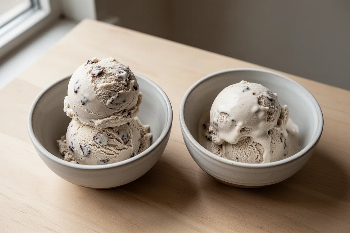 Dos cuencos de helado uno al lado del otro, uno mantiene su forma y el otro está derretido