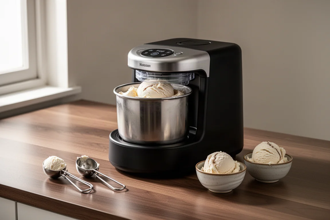 Compact countertop ice cream maker with pint container and two scoops of ice cream on a wooden counter