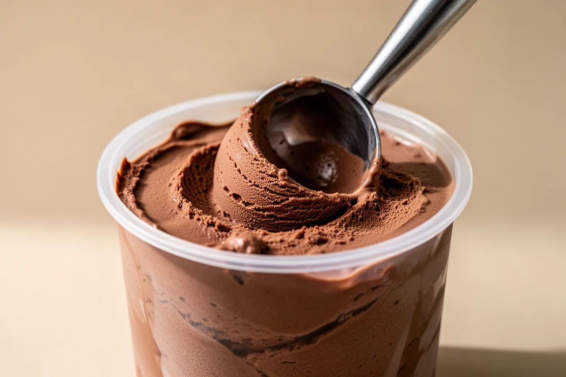 Zylindrische Eiswanne gefüllt mit cremiger Schokoladeneiscreme, obenauf ruht eine Kugel