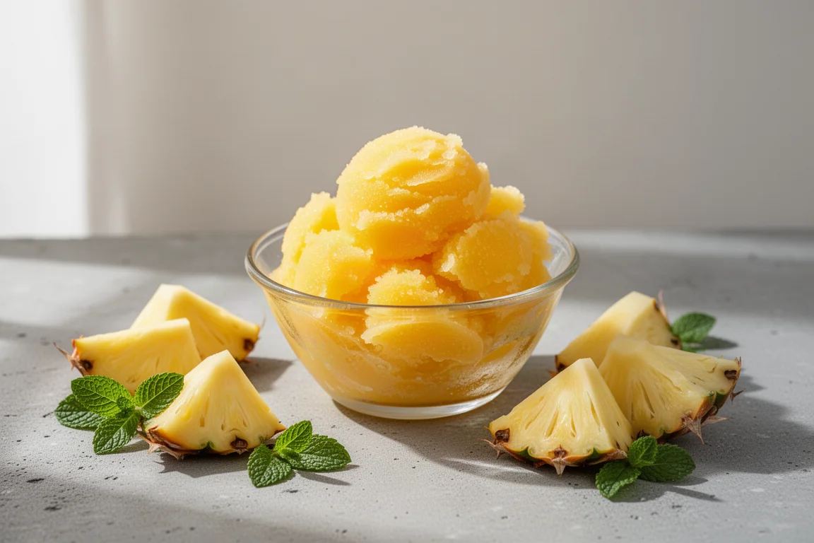 Helles Ananas-Sorbet, serviert in einem Glas mit frischen Fruchtstücken