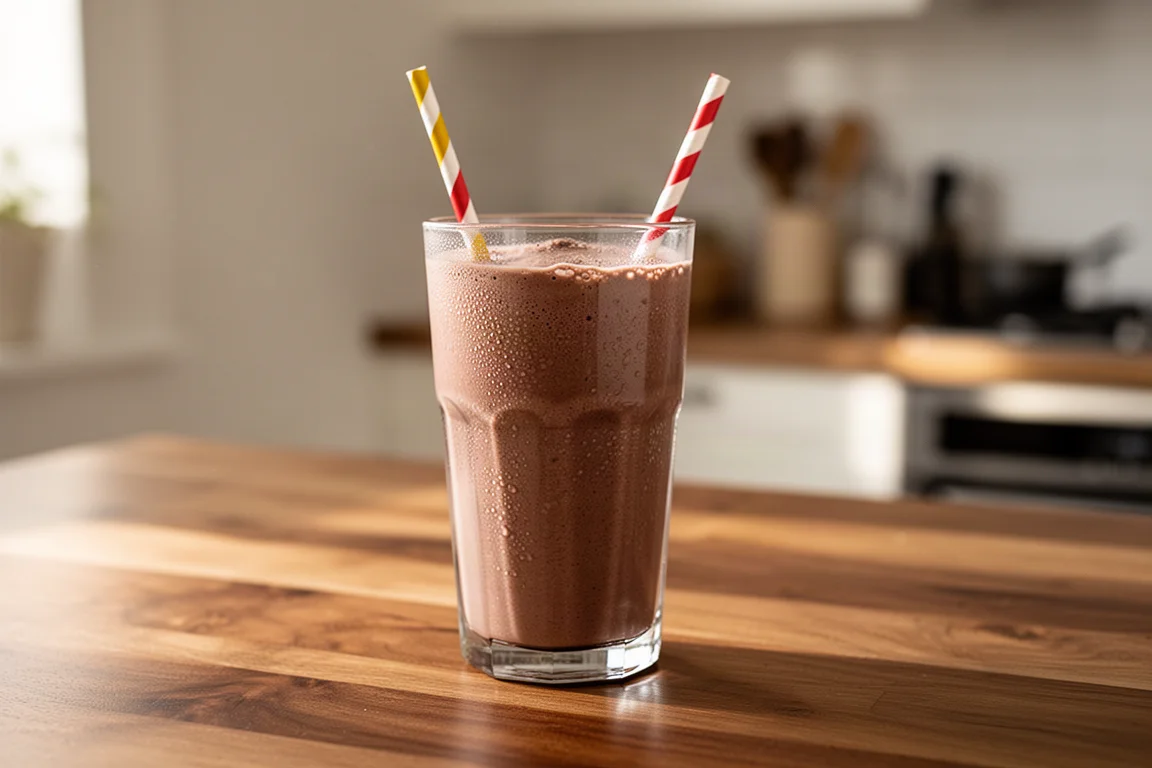 Schokoladen-Milkshake in einem hohen Glas mit Strohhalm auf einer Küchenanrichte