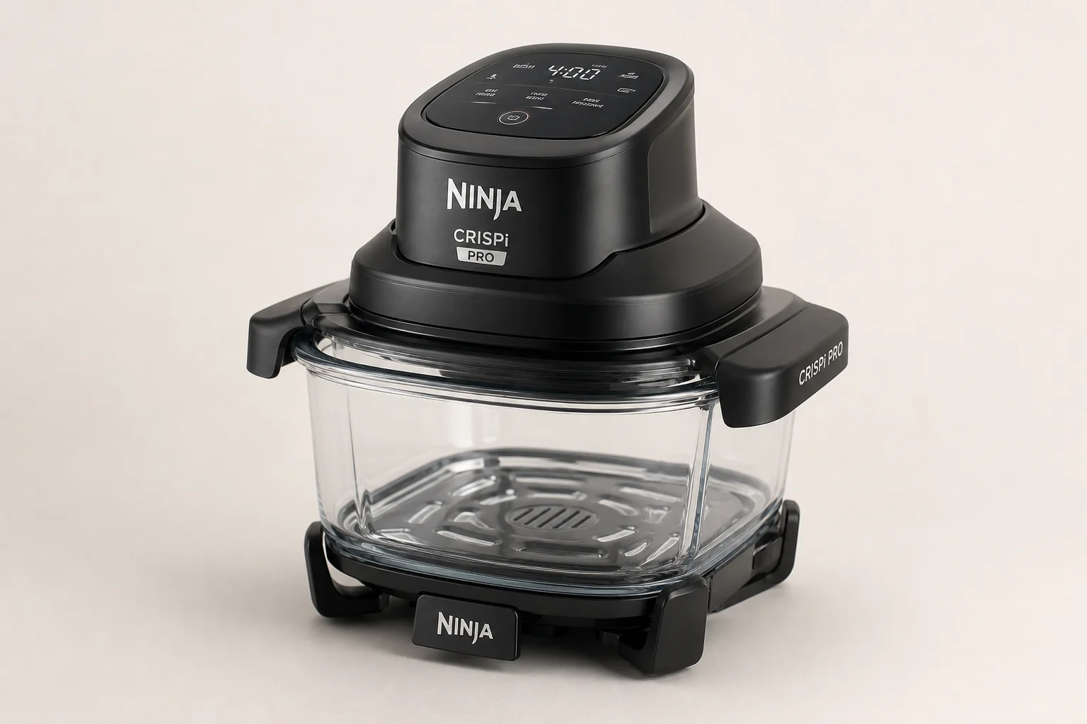Ninja Crispi Pro Heißluftfritteuse aus Glas mit transparentem Behälter vor neutralem Hintergrund