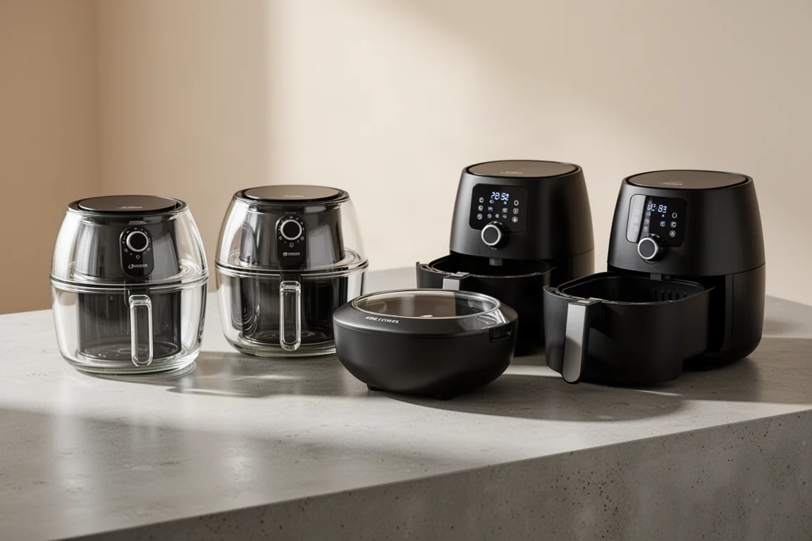 Five air fryers including glass-bowl and basket-style models arranged on a kitchen counter