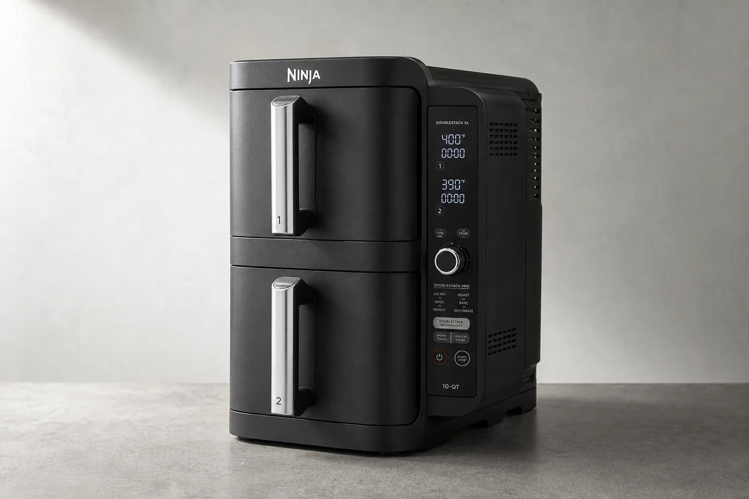 Seven air fryers of varying sizes and designs arranged on a neutral surface