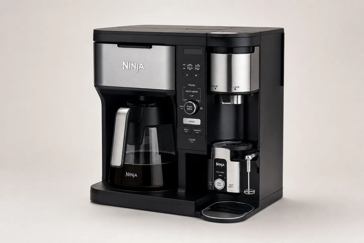 Five dual-brew coffee makers arranged on neutral backdrop showing variety of designs