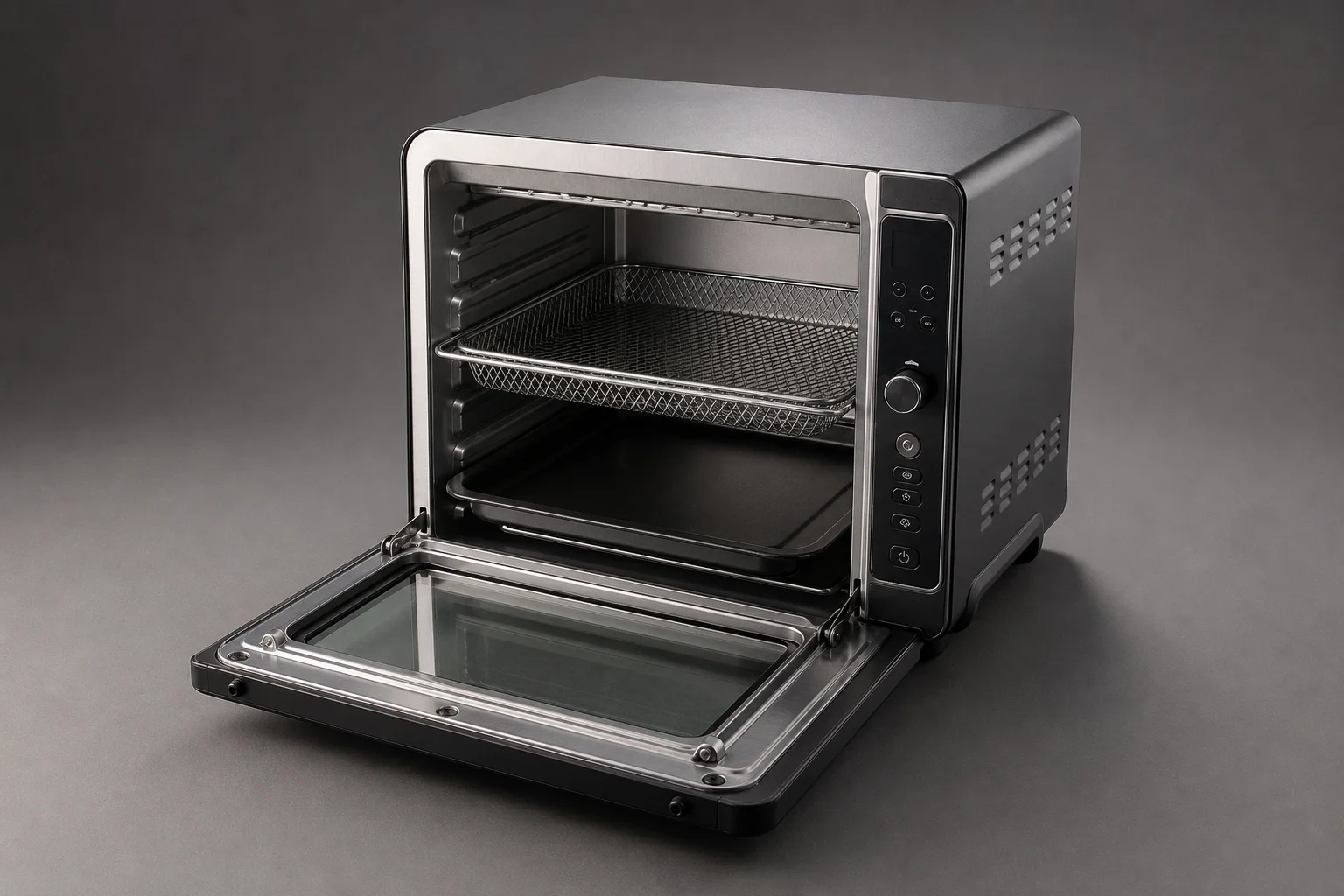 Five toaster ovens of varying sizes arranged on concrete surface