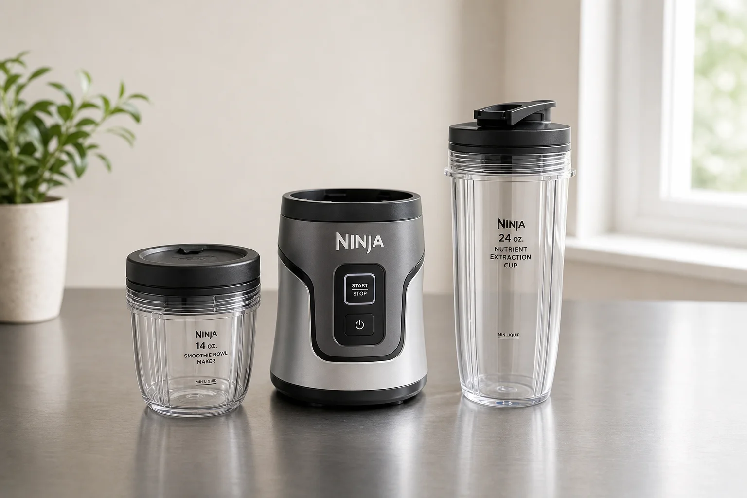 Five kitchen blenders arranged on concrete surface from compact to premium models