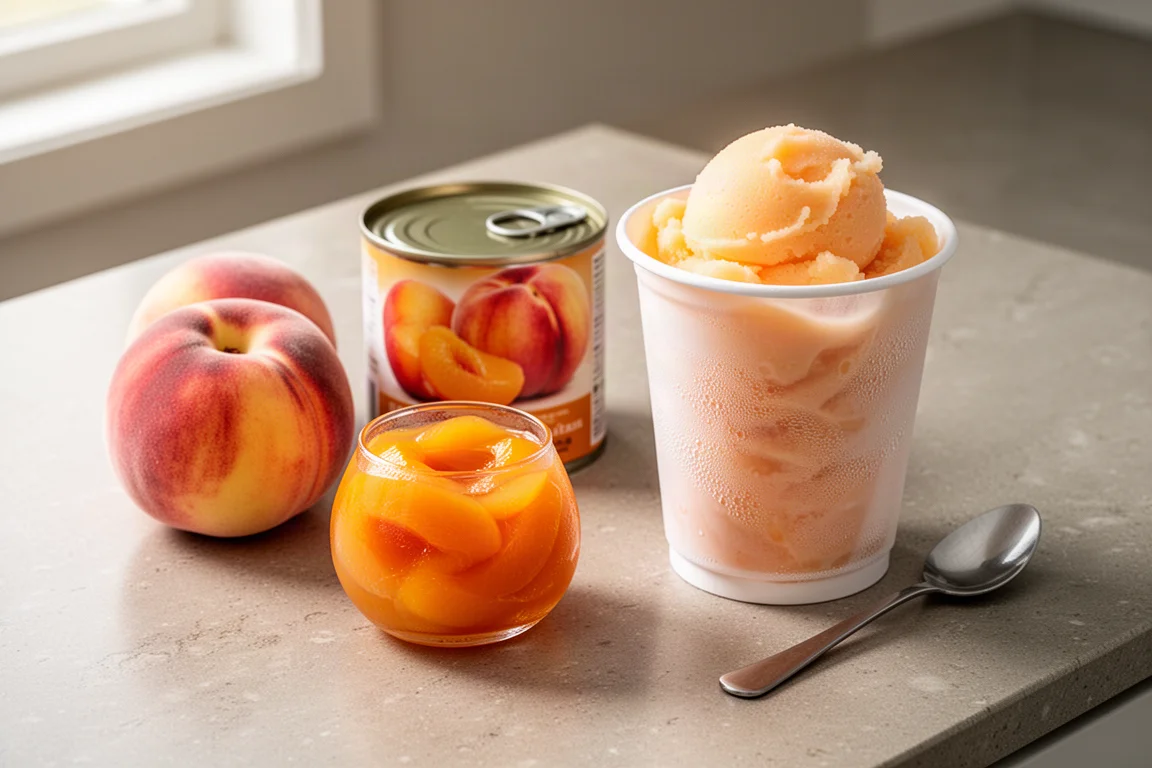 Kitchen counter with fresh peaches and a pint container of fruit sorbet