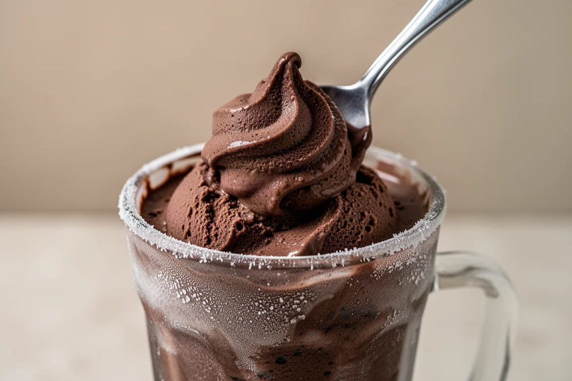 Pint container filled with chocolate protein ice cream with a swirl texture