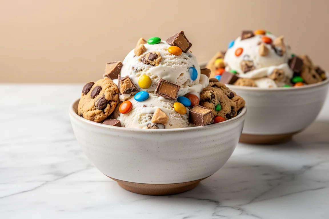 Bowl of vanilla ice cream topped with peanut butter cups and cookie dough pieces