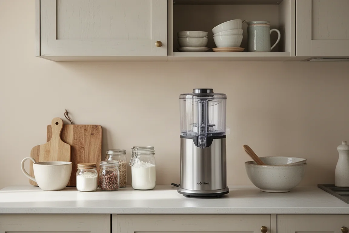 Frozen dessert maker occupying space on a small home kitchen counter