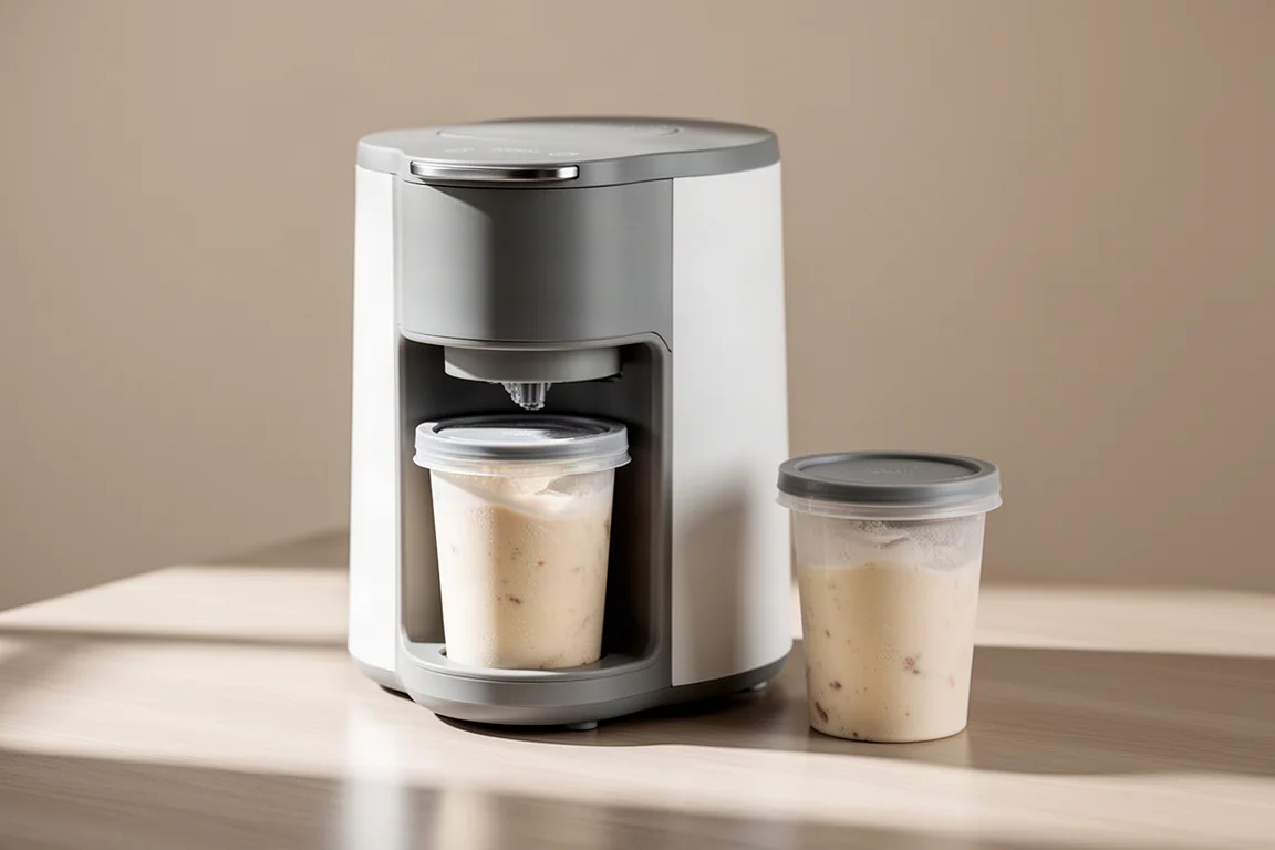 Ninja ice cream maker on a kitchen counter with pint container