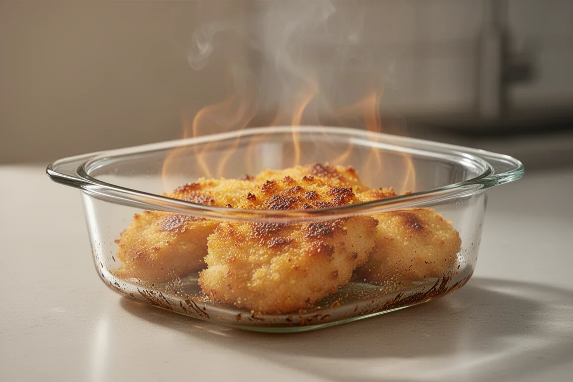 Glass air fryer container with crispy food visible inside during cooking