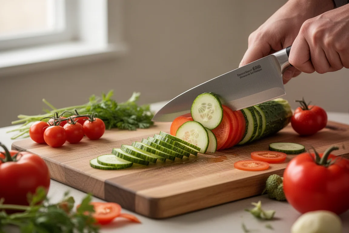 Chef slicing vegetables with a sharp kitchen knife on a wooden board