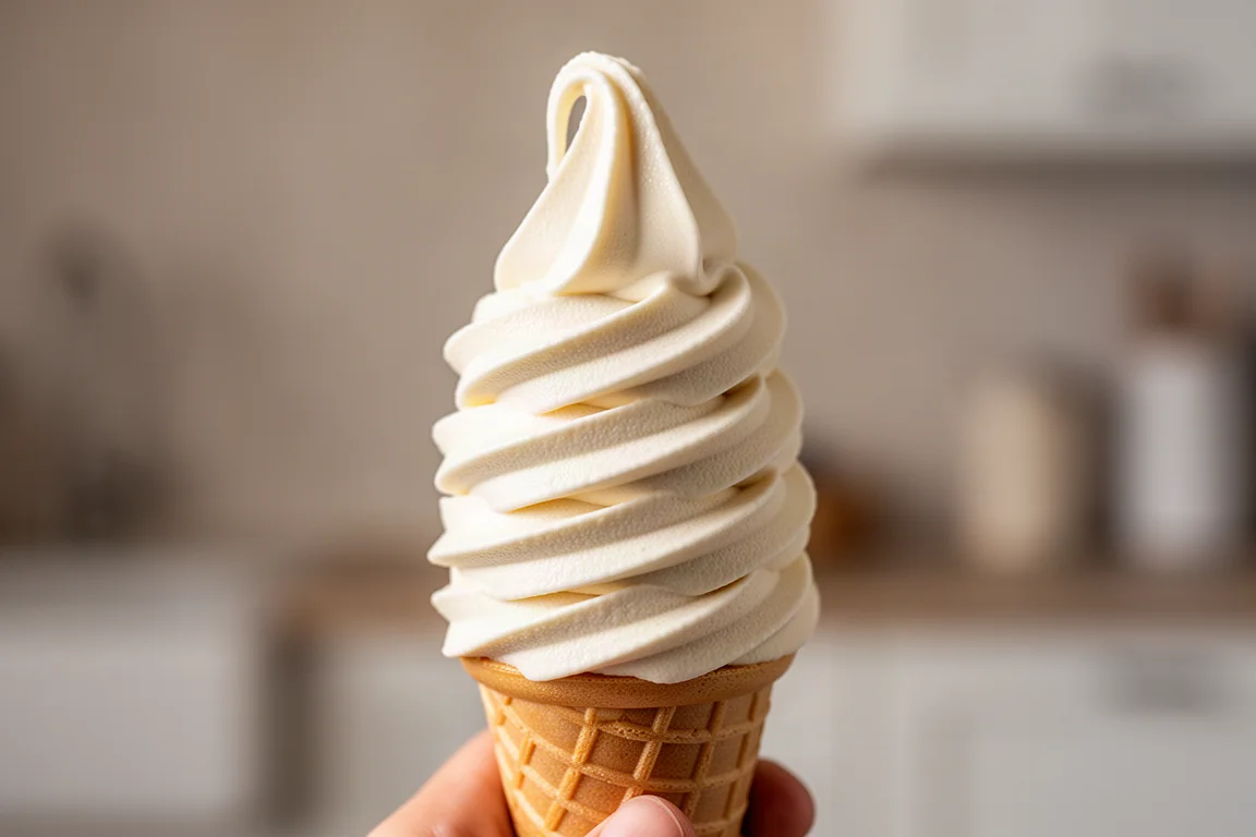 Freshly made soft serve ice cream swirled into a cone