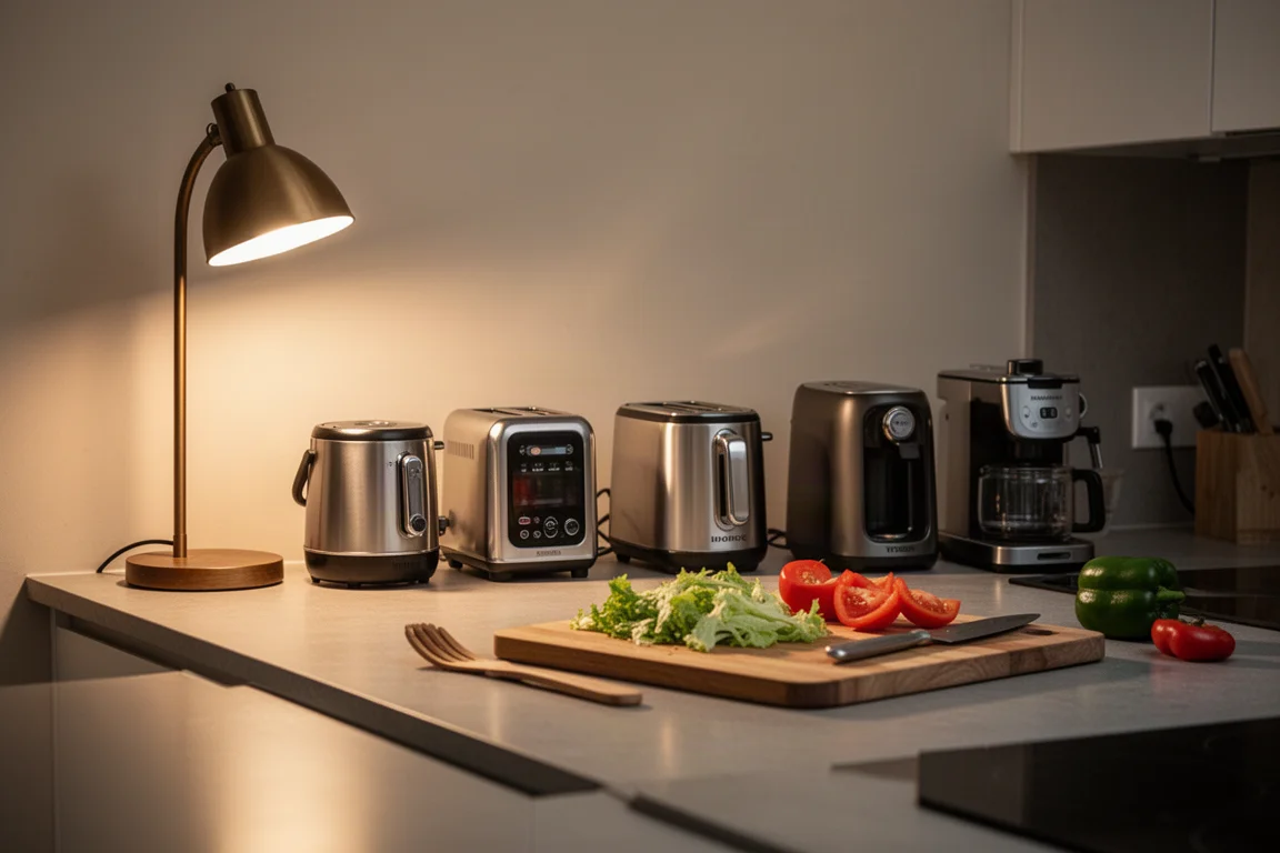 Busy home kitchen counter with several small appliances in everyday use