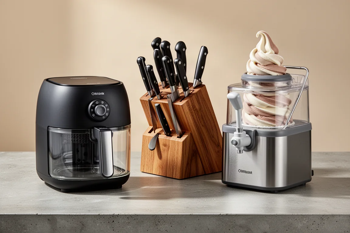 Ninja Crispi air fryer, StaySharp knife block and Creami soft serve machine on a countertop