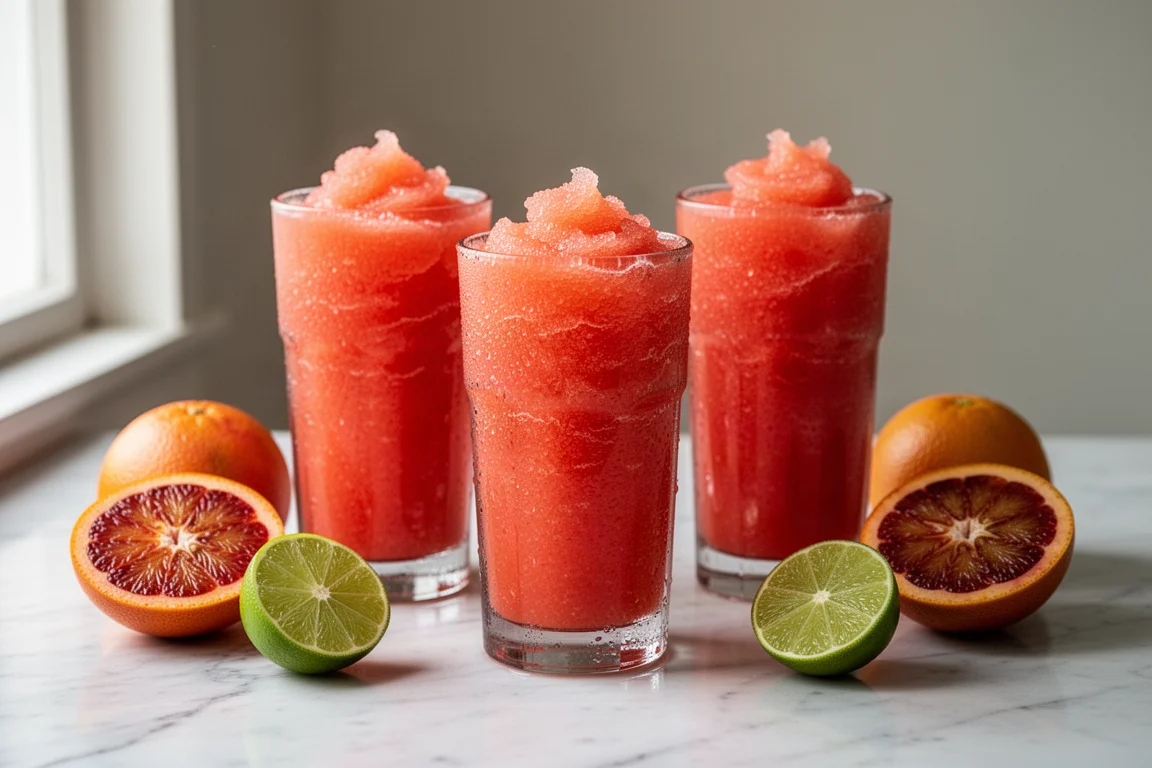 Frozen slushy drinks in tall glasses beside fresh citrus fruit on a worktop