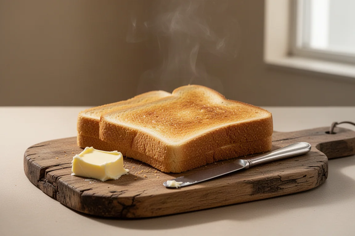 Golden toasted bread slices on a wooden board beside a pat of butter