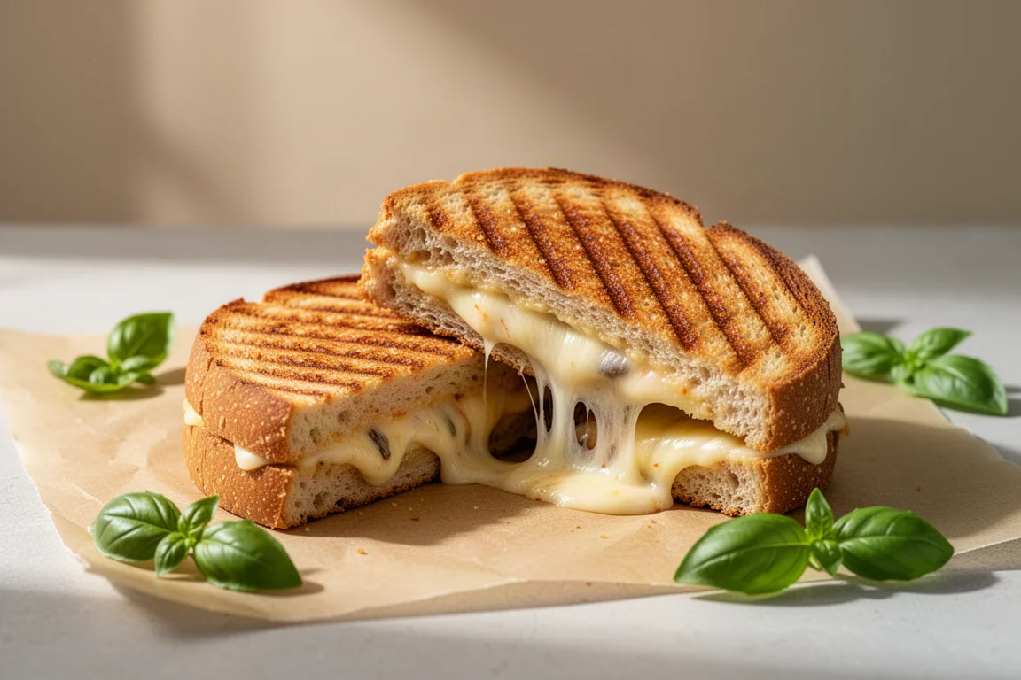 A pressed panini cut in half showing melted cheese and crisp grilled bread