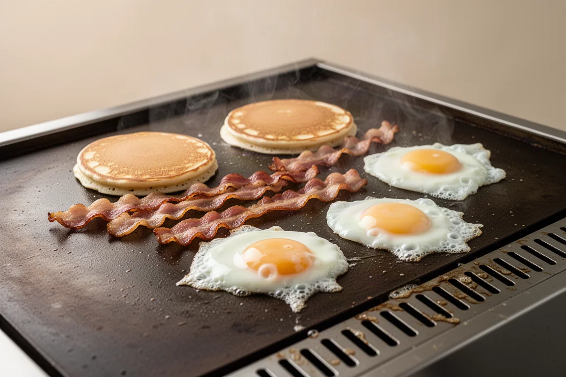 Pancakes, bacon and eggs cooking on a large flat griddle surface