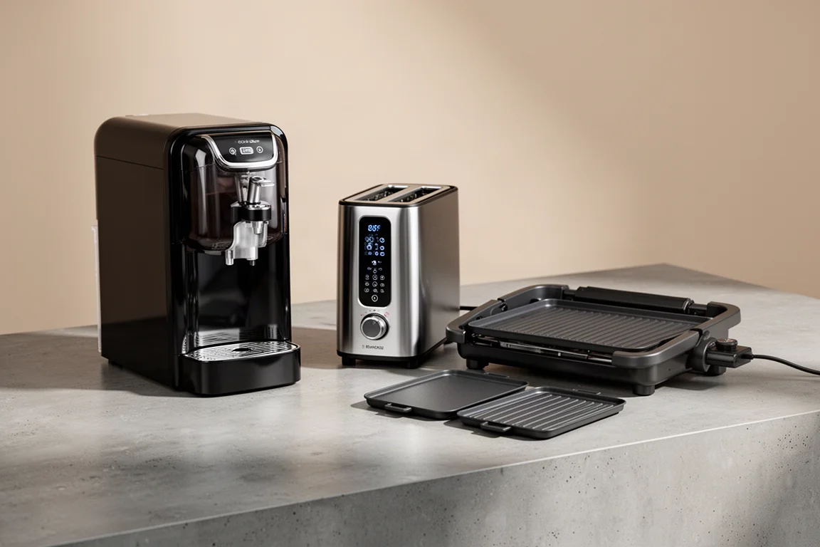 Three Ninja kitchen appliances arranged on a concrete worktop