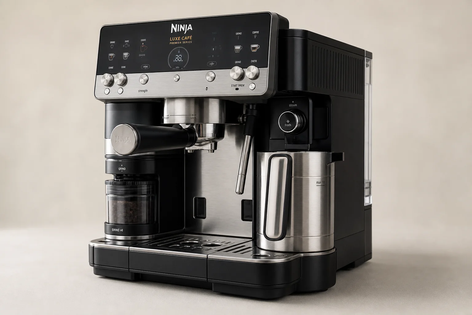 Ninja Luxe Cafe and Breville espresso machines arranged on grey surface