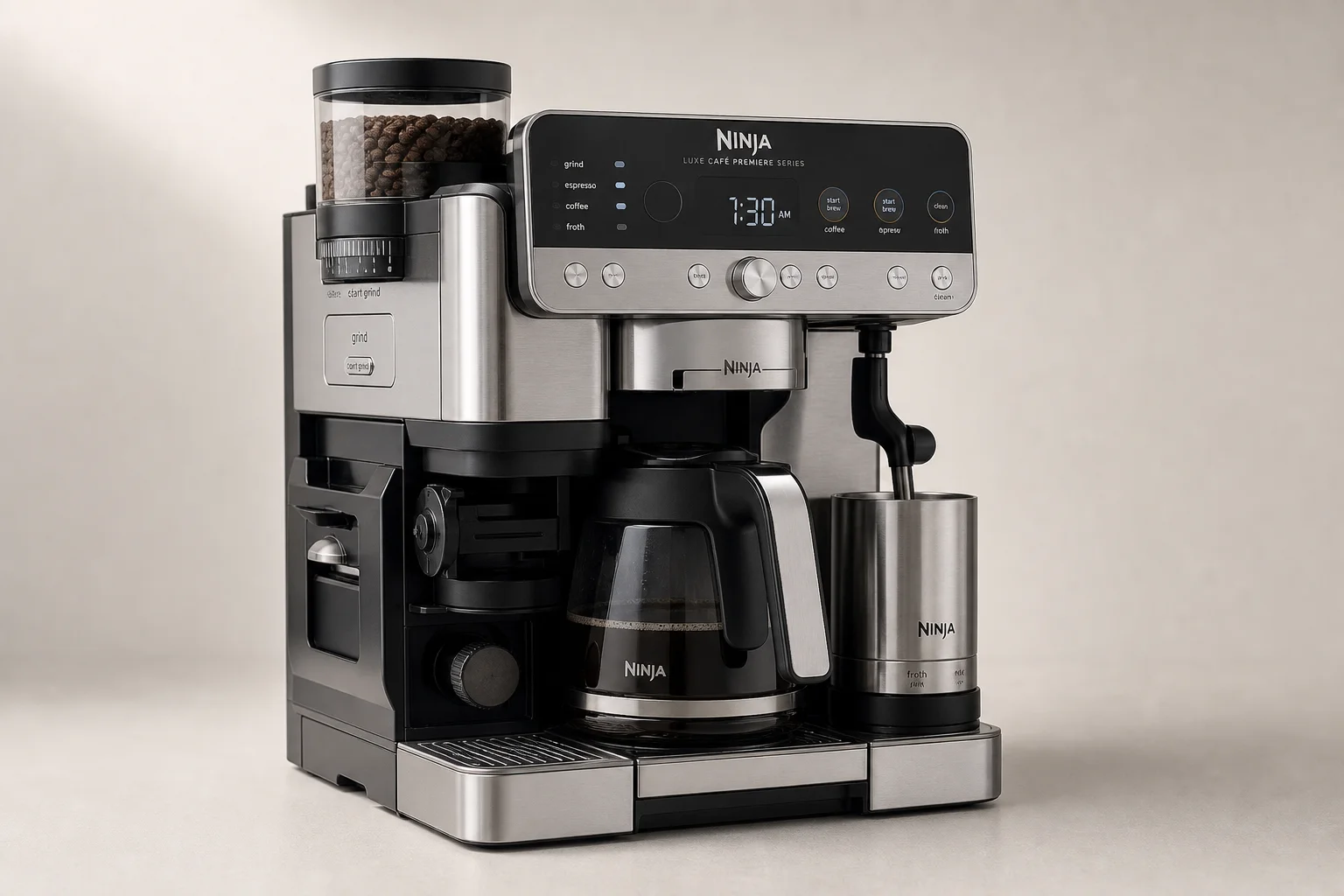 Five bean-to-cup coffee machines displayed on neutral backdrop