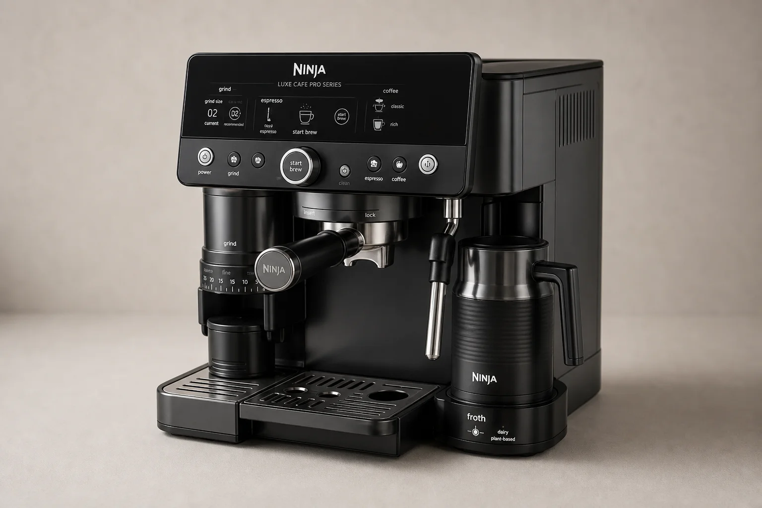 Ninja Luxe Cafe and Breville espresso machines arranged on grey surface