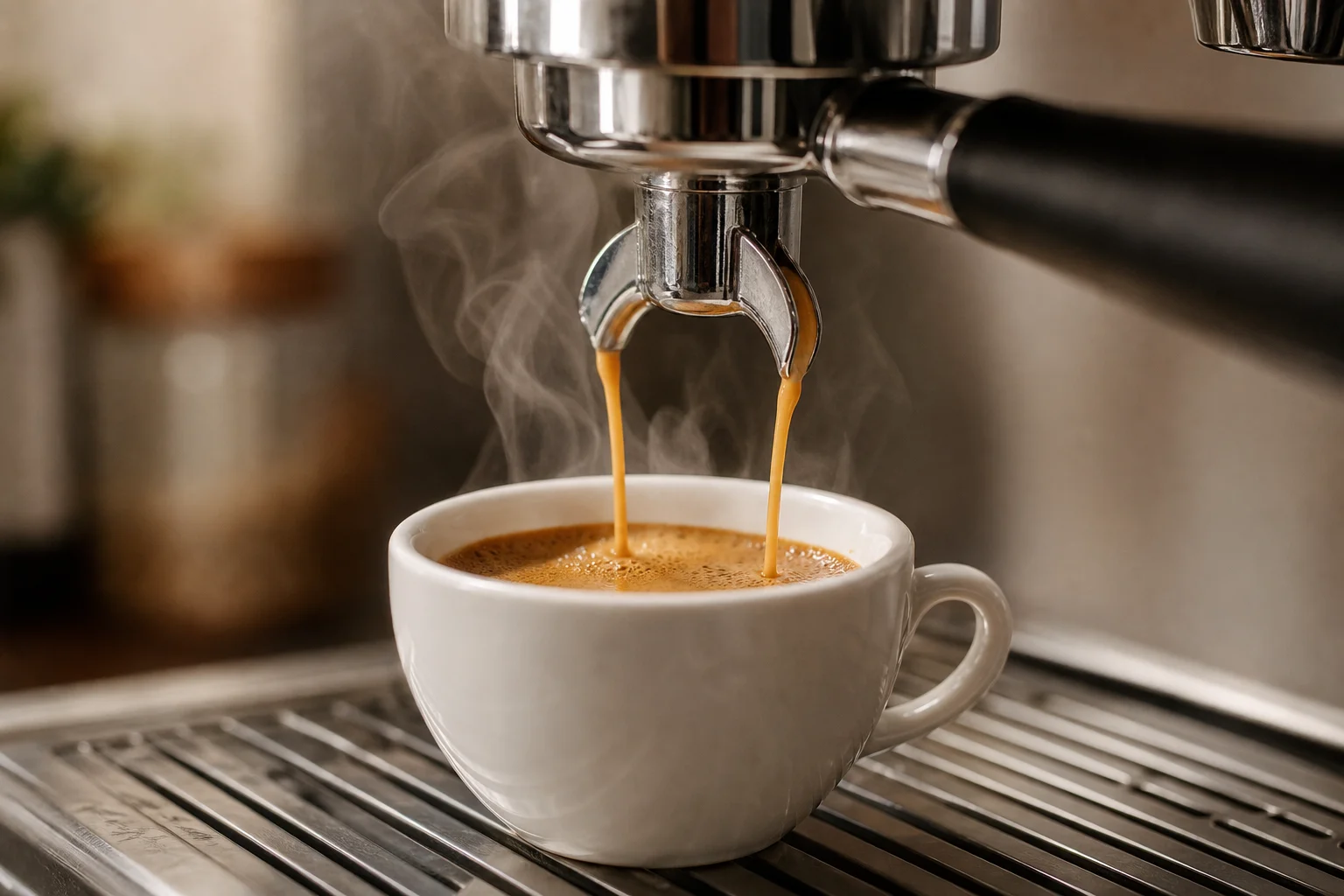 Espresso extraction with rich crema pouring into white cup