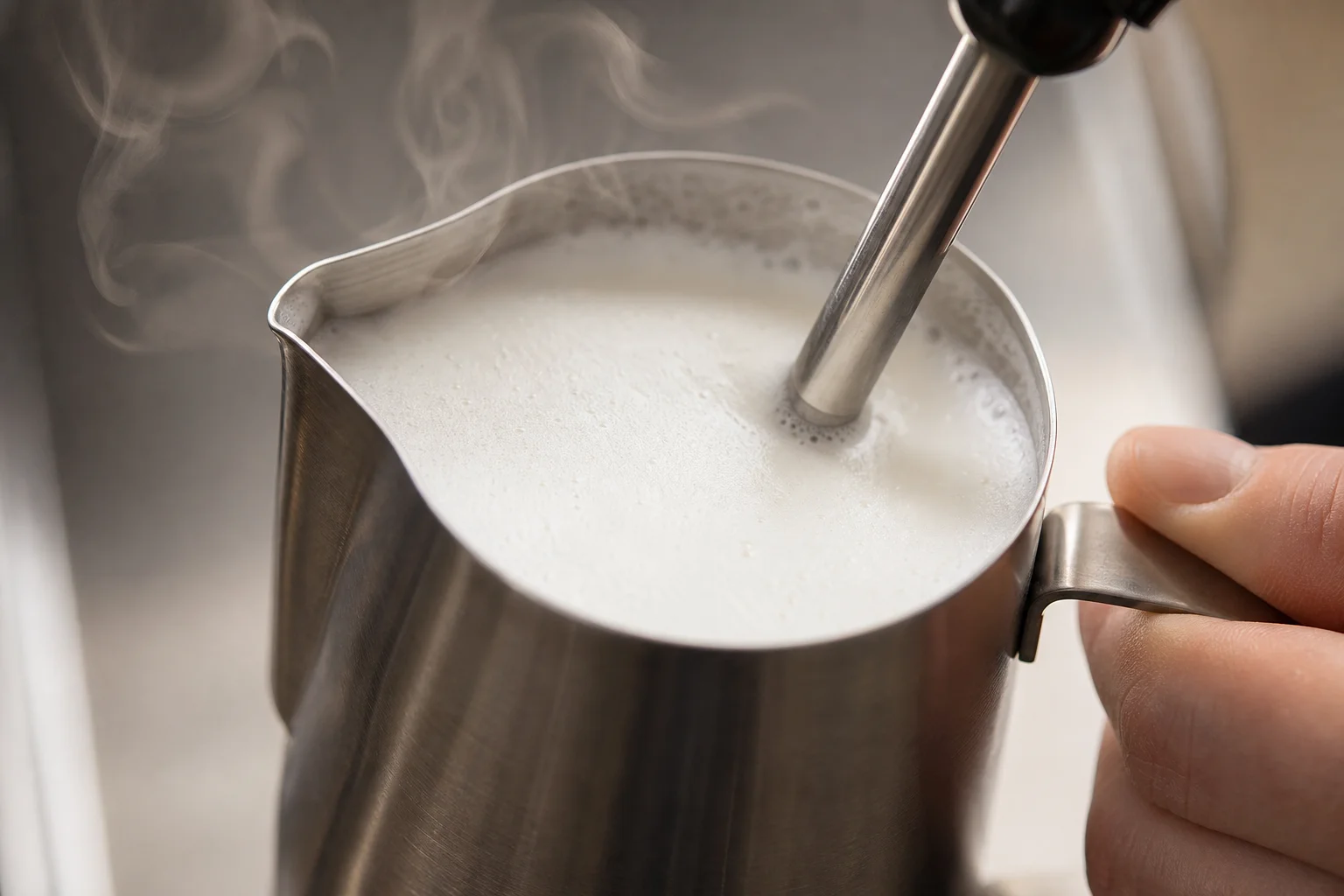 Steam wand creating microfoam in metal milk pitcher