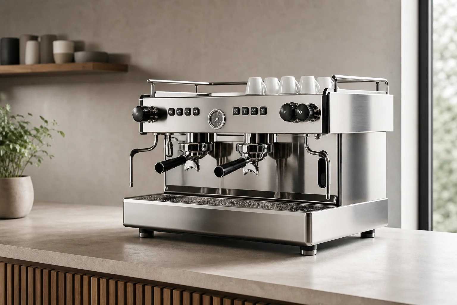Professional espresso machine with dual boiler on kitchen counter