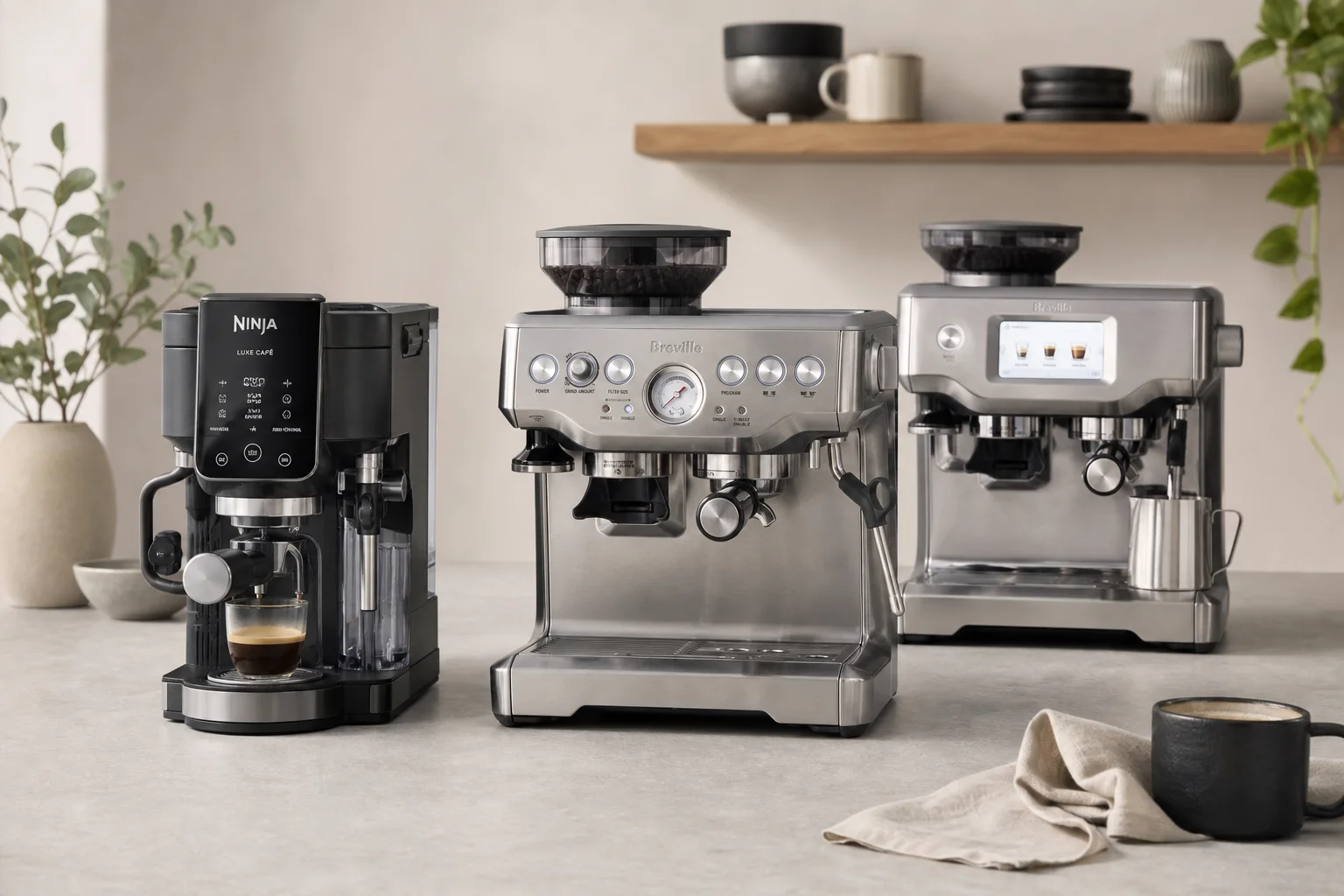 Ninja Luxe Cafe och Breville espressomaskiner uppställda på en grå yta