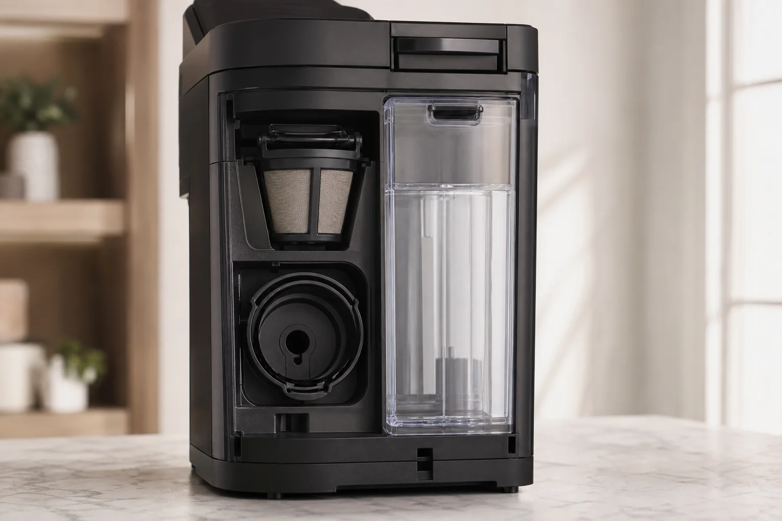 Close-up of Ninja coffee maker's water reservoir and storage compartments