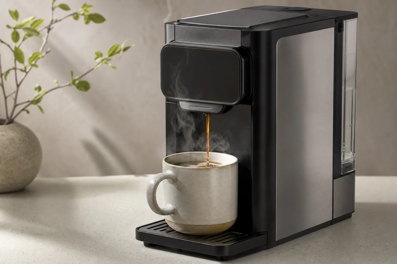Hot coffee being poured from Ninja coffee maker into ceramic mug